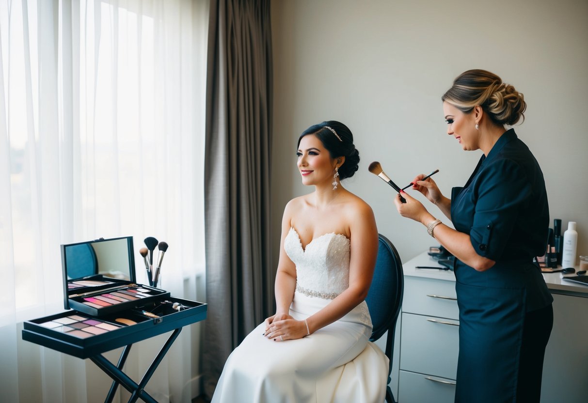 A bride sits in a chair, facing a mirror. A makeup artist stands nearby, holding a palette of colors and brushes, ready to create the perfect wedding look