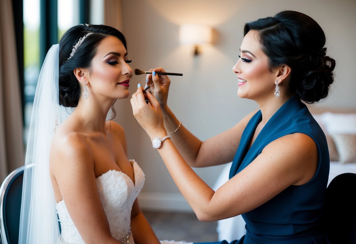 A bride sitting in a chair while a makeup artist applies glamorous makeup for her wedding day