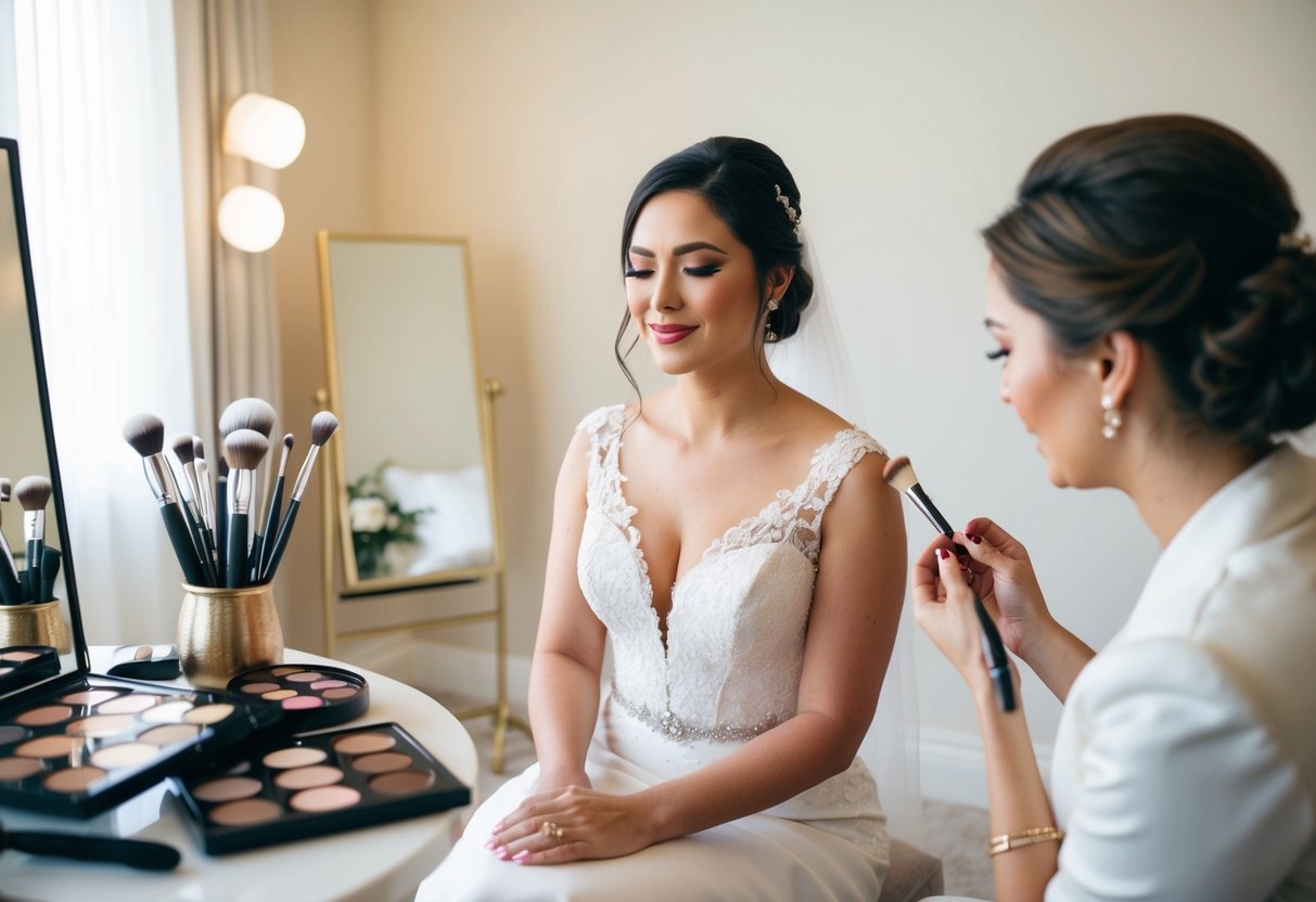 A serene bride sits in a well-lit room, surrounded by makeup brushes, palettes, and a mirror. A makeup artist carefully applies products, ensuring a flawless and stress-free wedding day look