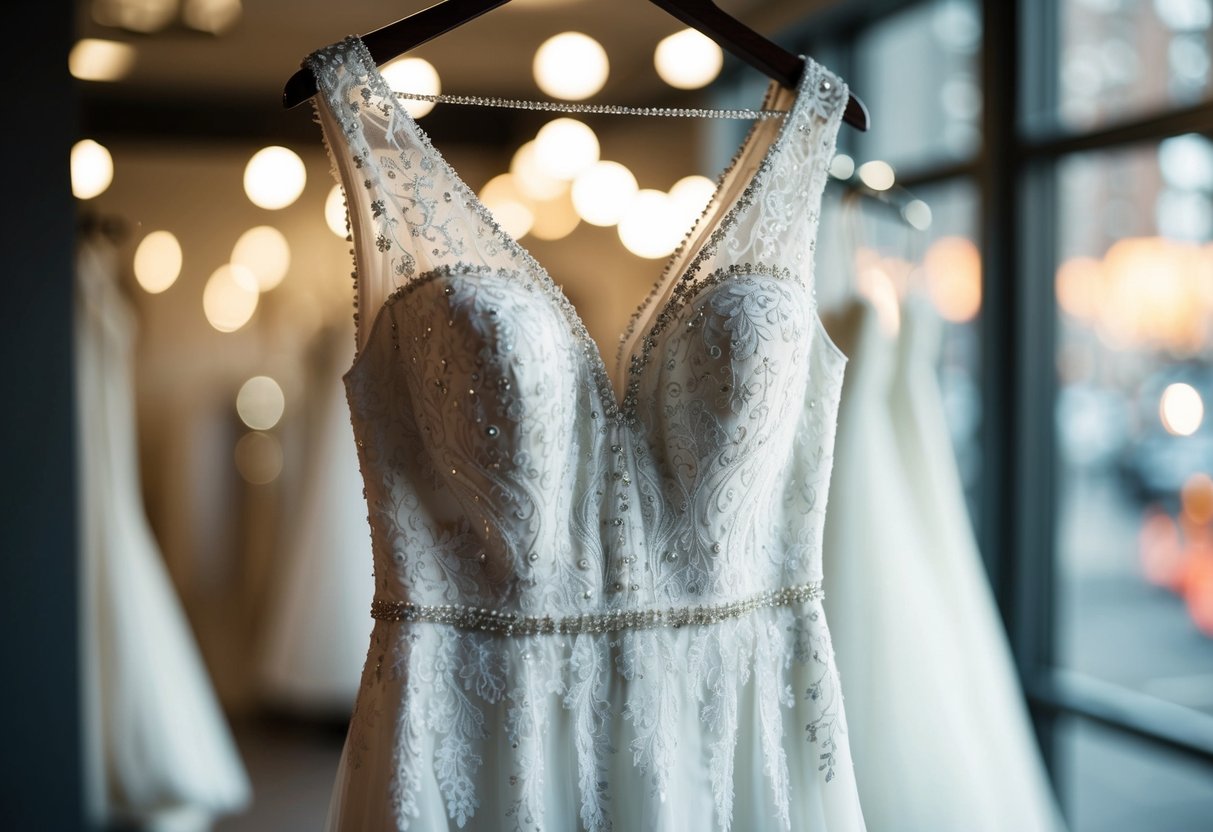 A white lace bridal gown, size 12, hanging on a dress form with delicate beading and a flowing train