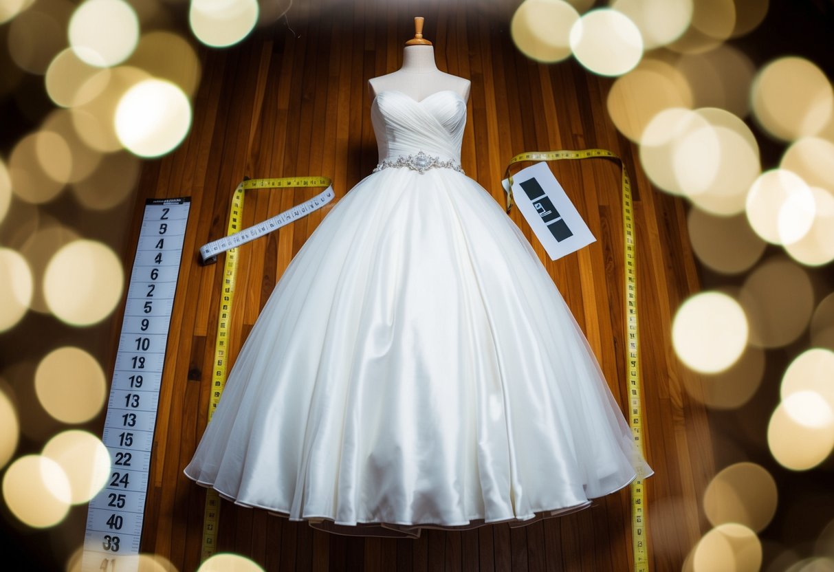 A size 12 bridal gown displayed on a mannequin, surrounded by measuring tape and a size chart