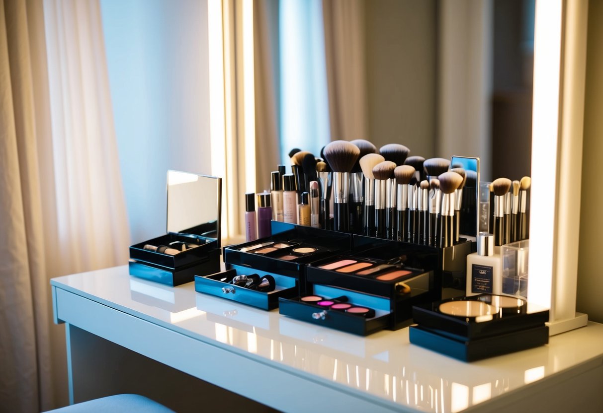 A bride's makeup kit arranged neatly on a vanity table with soft lighting