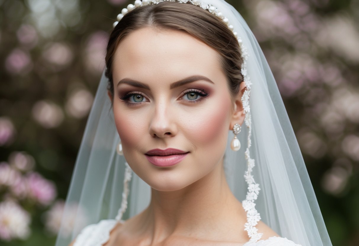 A classic bride with natural makeup, soft pink lips, and subtle eyeshadow, adorned with a delicate veil and pearl earrings