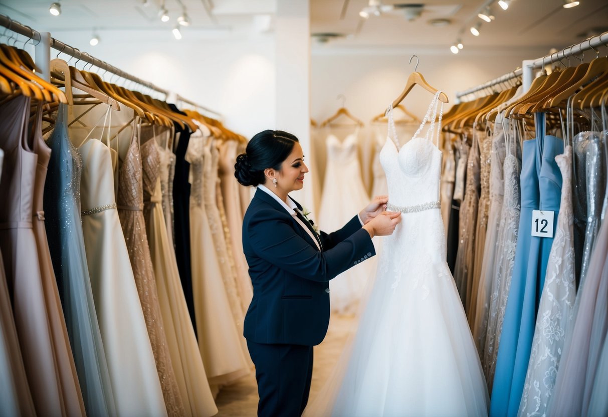 A bride stands in a bridal boutique, surrounded by racks of wedding dresses. A sales associate measures a dress labeled as a size 12