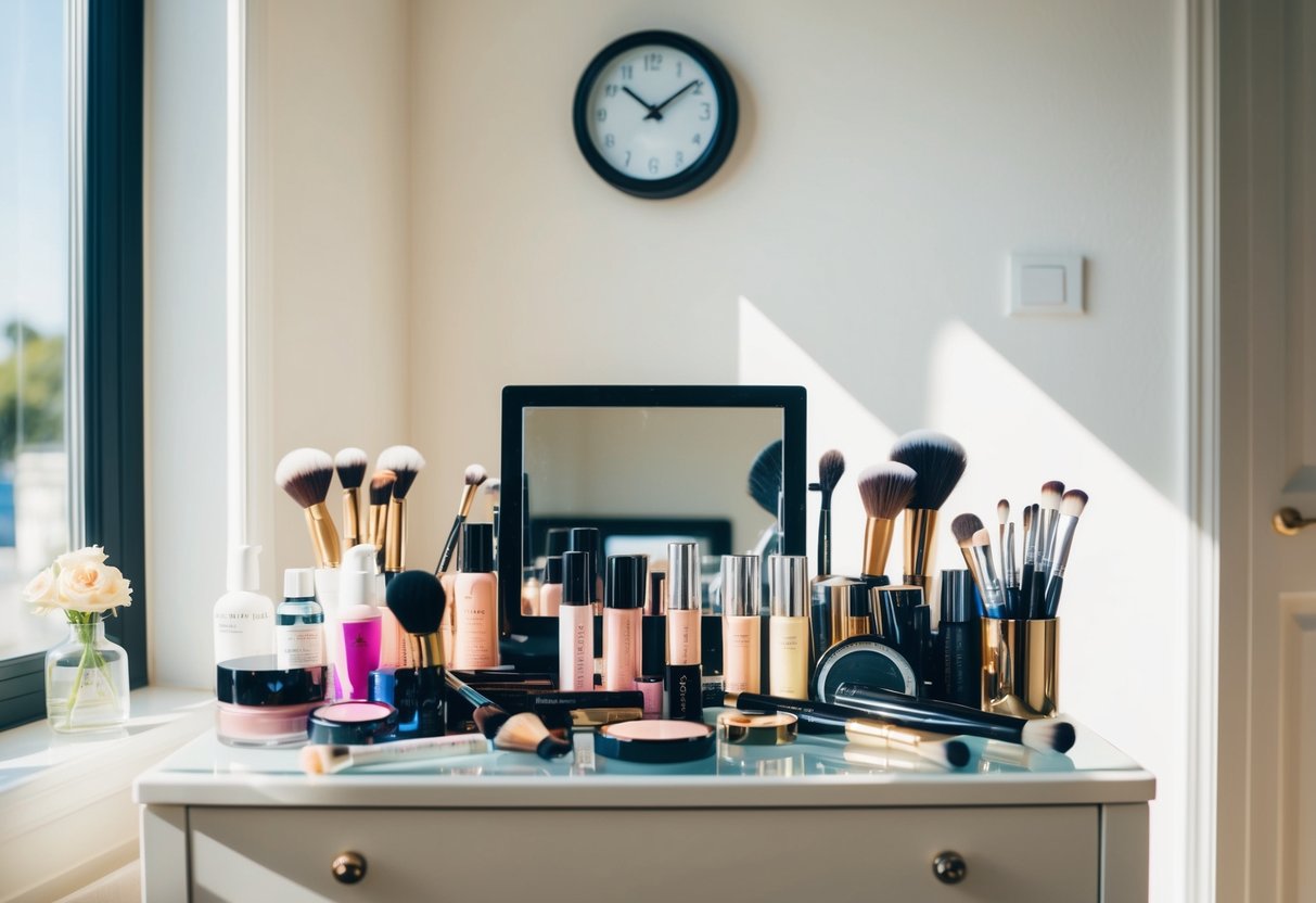 A bright, sunlit room with a cluttered vanity table, filled with makeup products and brushes. A clock on the wall shows the time at 10:00 AM