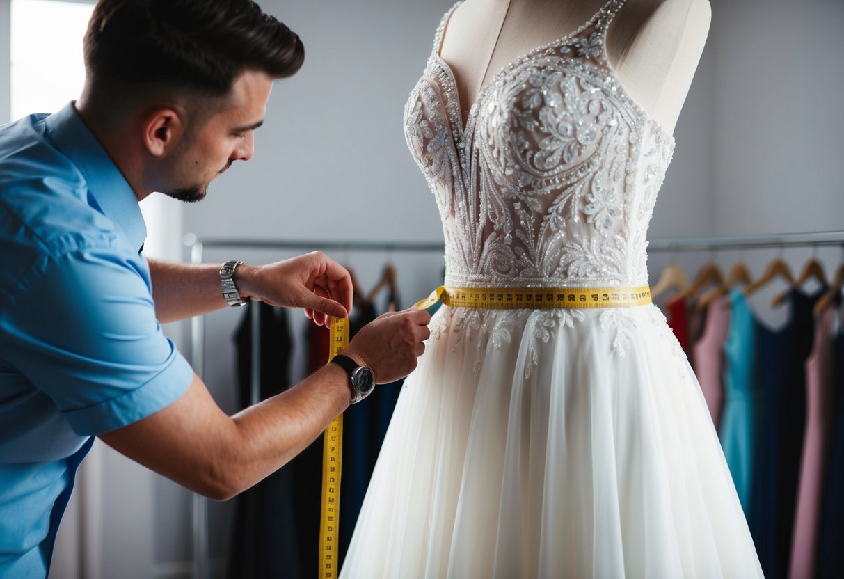 A bridal dress on a mannequin, being adjusted by a tailor with measuring tape