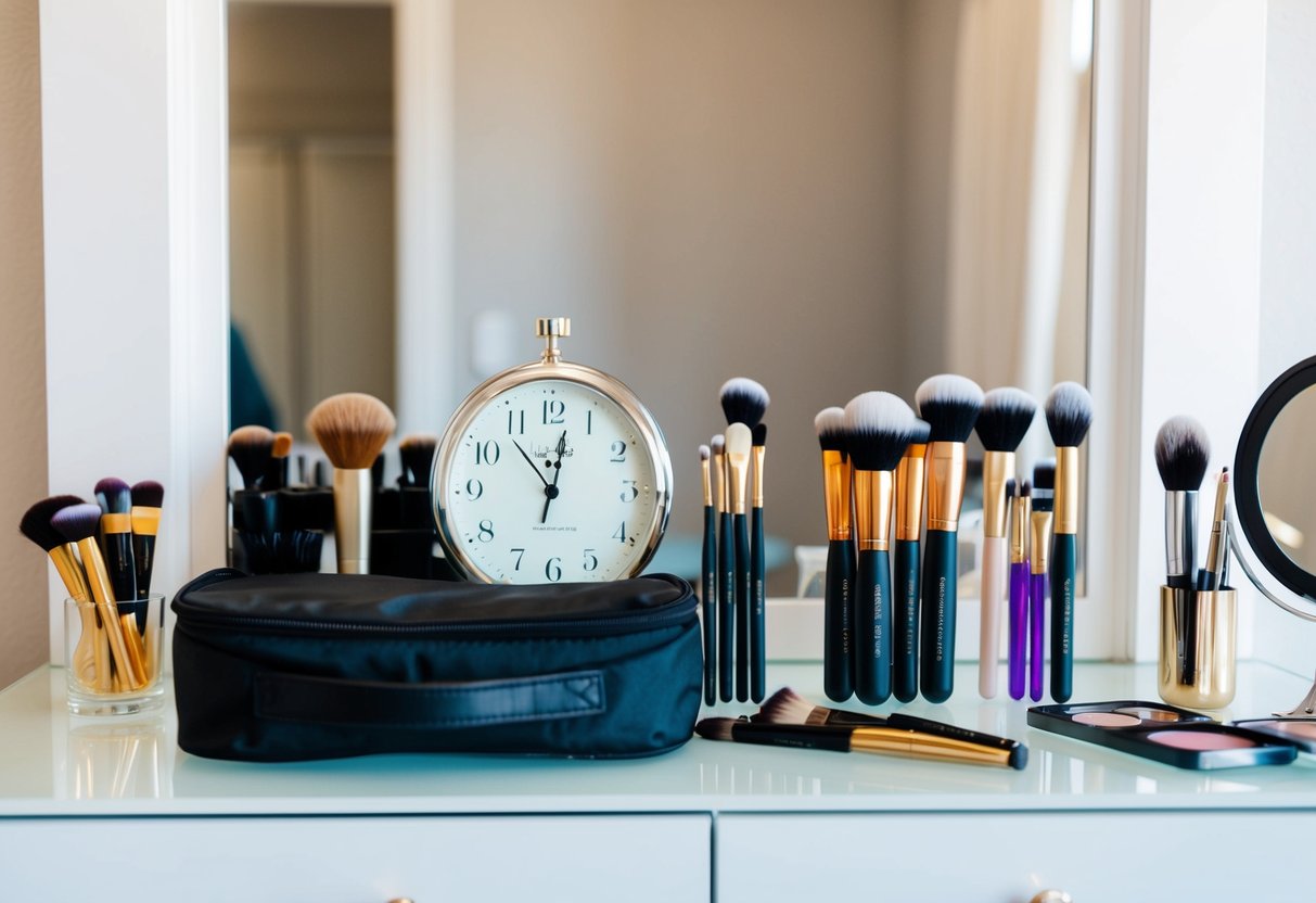A makeup artist's kit and brushes laid out on a clean, well-lit vanity table, with a clock showing the time for a bridal makeup session