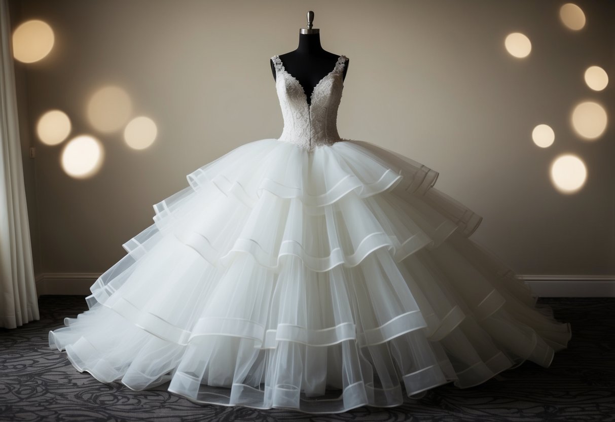 A wedding dress is supported by layers of tulle and crinoline, creating a voluminous silhouette