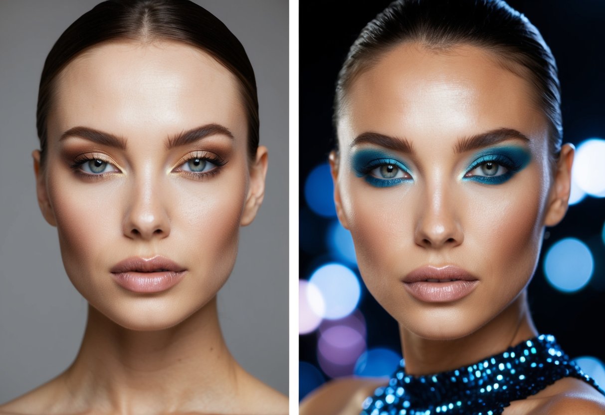 Soft glam: natural lighting, neutral color palette, subtle shimmer.
Full glam: dramatic lighting, bold color palette, intense shimmer and highlight