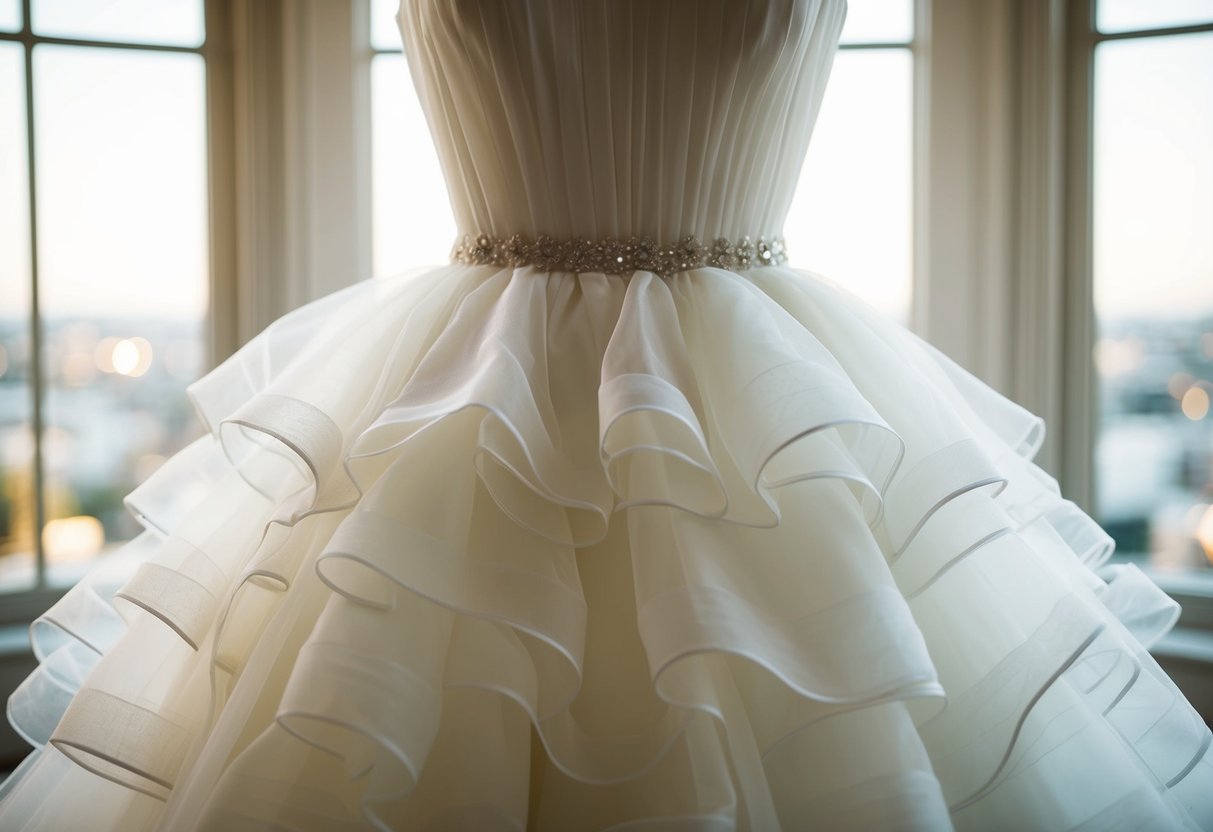 A wedding dress made of layers of tulle and organza, carefully gathered and sewn to create a voluminous puff at the skirt
