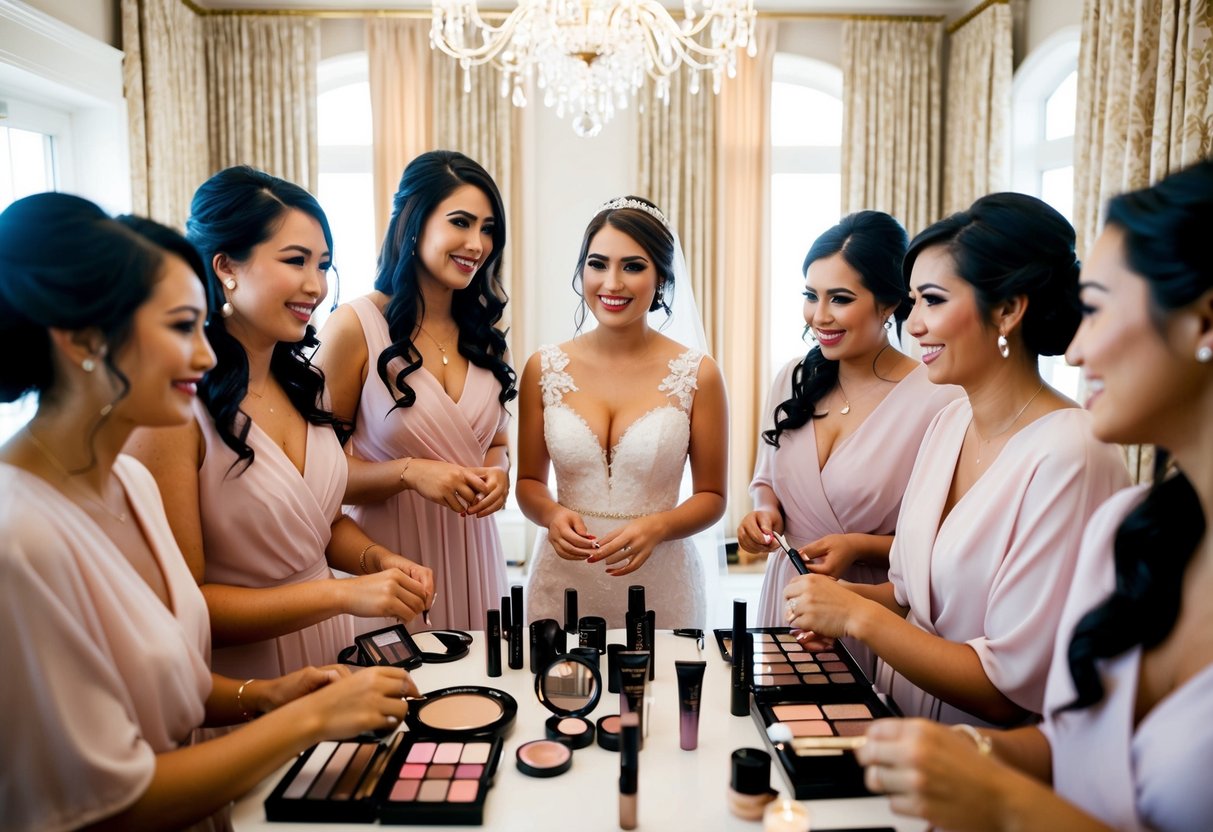 A bride and her bridesmaids gather in a luxurious dressing room, surrounded by high-end makeup products and a professional makeup artist at work