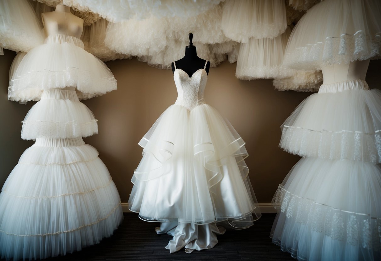 A wedding dress is suspended on a mannequin, surrounded by layers of tulle, crinoline, and petticoats, creating a voluminous and magnificent silhouette