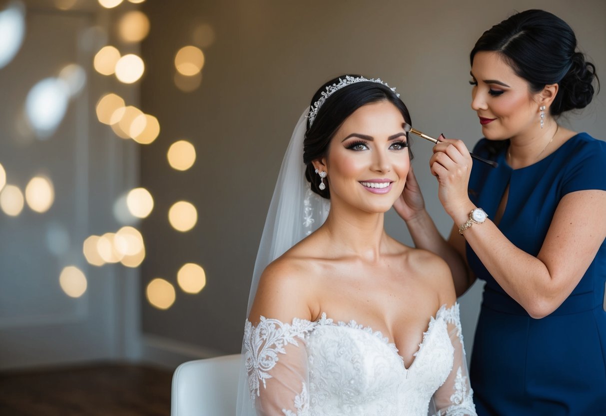 A bride sitting in a chair while a makeup artist applies professional makeup for her wedding day
