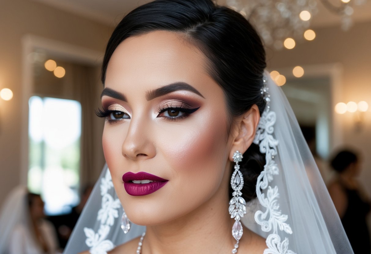 A bride with full glam wedding makeup, featuring bold eyeshadow, dramatic eyeliner, and a bold lip color, ready for her special day