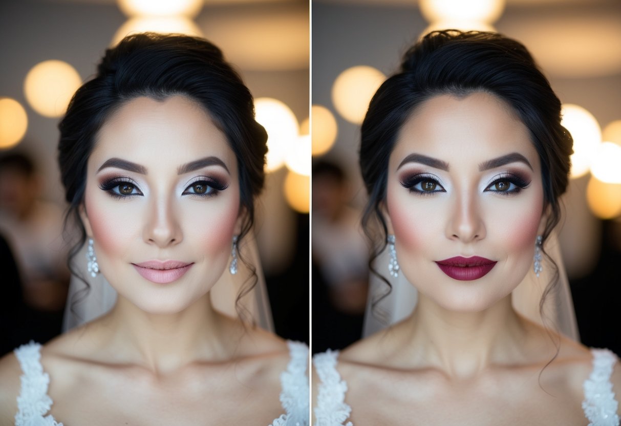 Soft glam: A bride with subtle eyeshadow, rosy cheeks, and a natural lip color. Full glam: A bride with dramatic eyeshadow, bold contouring, and a bold lip color