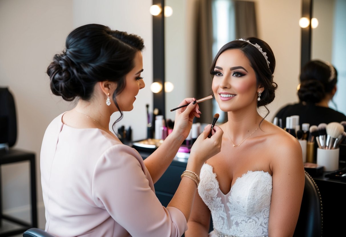 A bridesmaid sits in a makeup chair, surrounded by brushes and cosmetics. A makeup artist carefully applies professional makeup, enhancing the bridesmaid's natural beauty for the Big Day