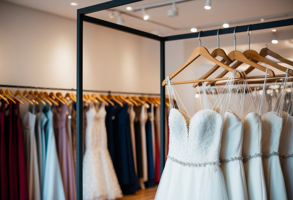 A rack of wedding dresses in a boutique showroom