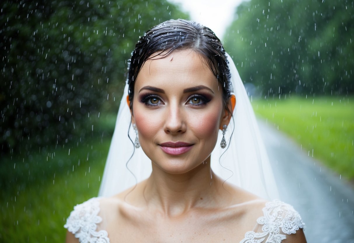A bride's tear-resistant makeup holds up as she walks through a gentle rain shower on her wedding day