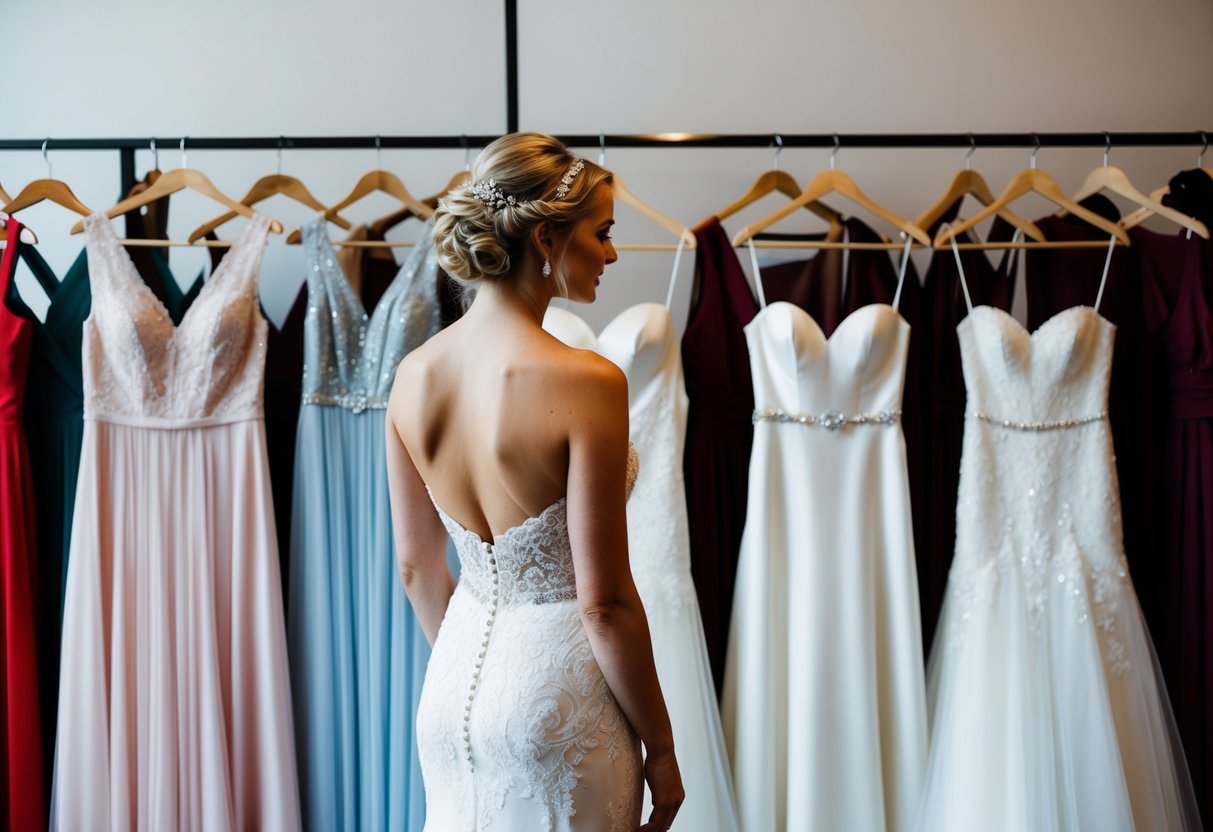 A bride standing in front of a row of wedding dresses, contemplating her options