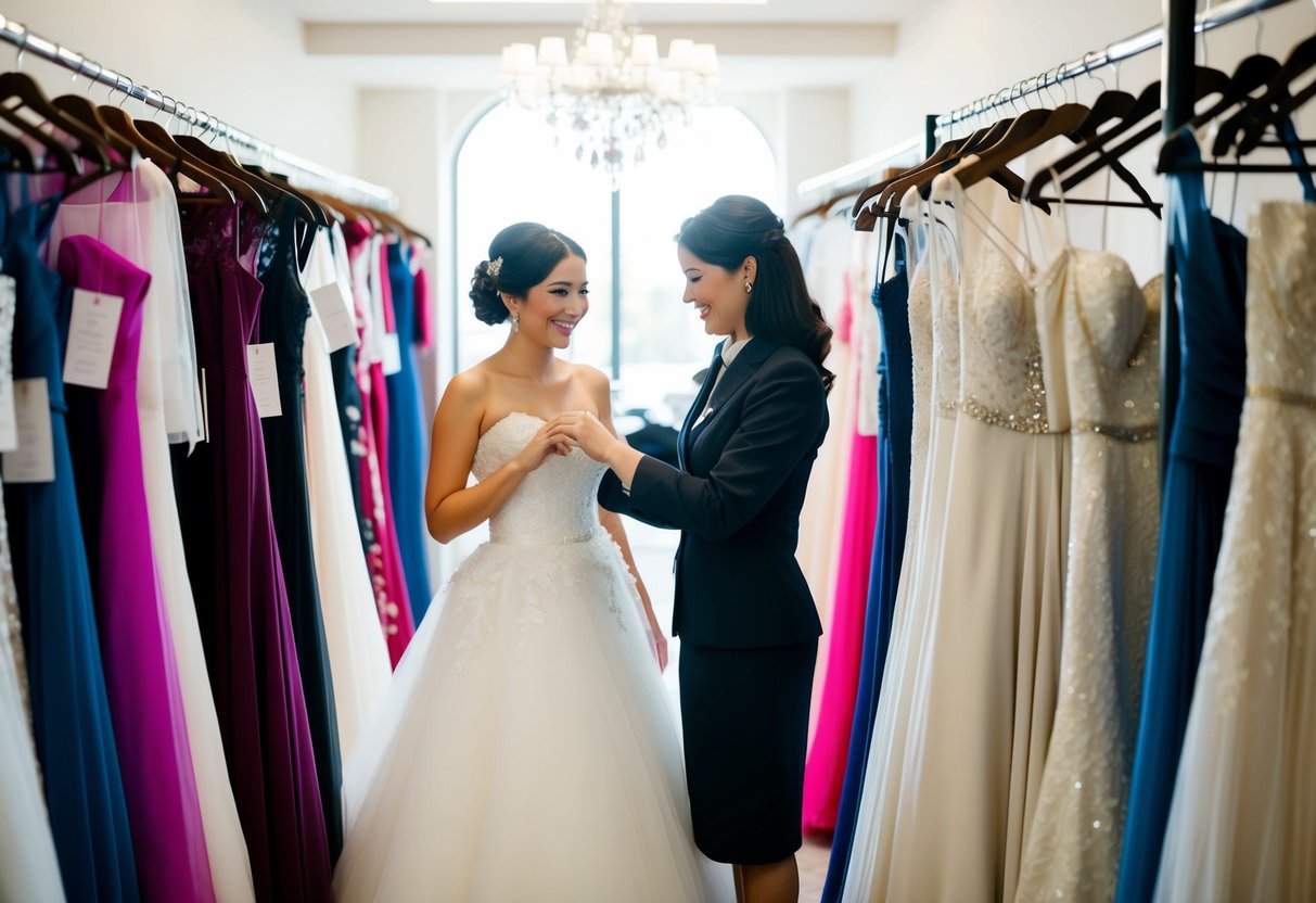 A bride surrounded by a variety of wedding dresses, with a salesperson assisting her in choosing the perfect gown