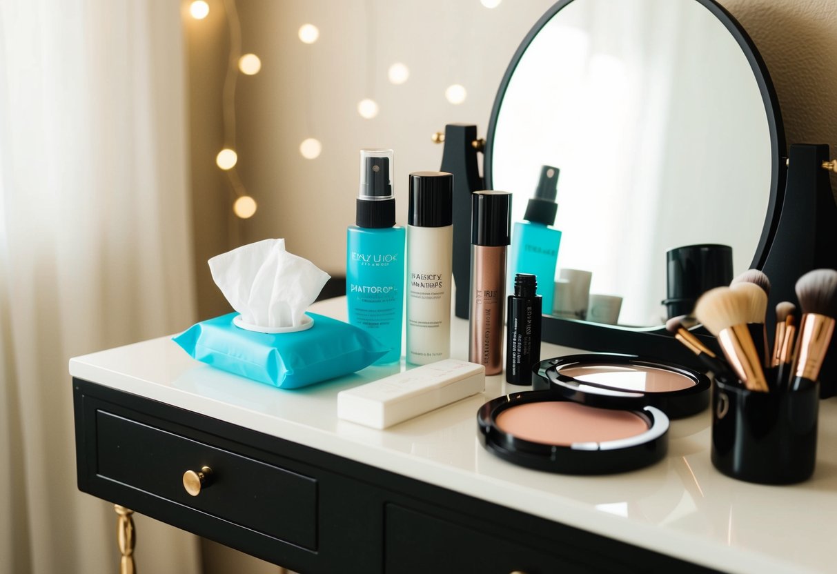 A bride's makeup station with waterproof products, tissues, and a mirror