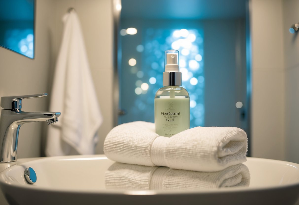 A serene, dimly lit bathroom with soft towels, a gentle cleanser, and a moisturizing facial mist