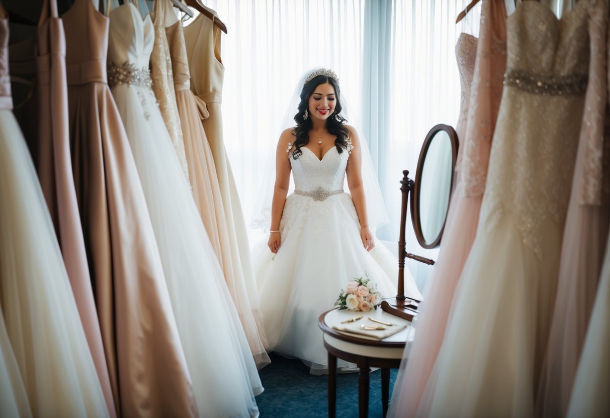A bride surrounded by a variety of wedding dresses, with a mirror and accessories on a table nearby