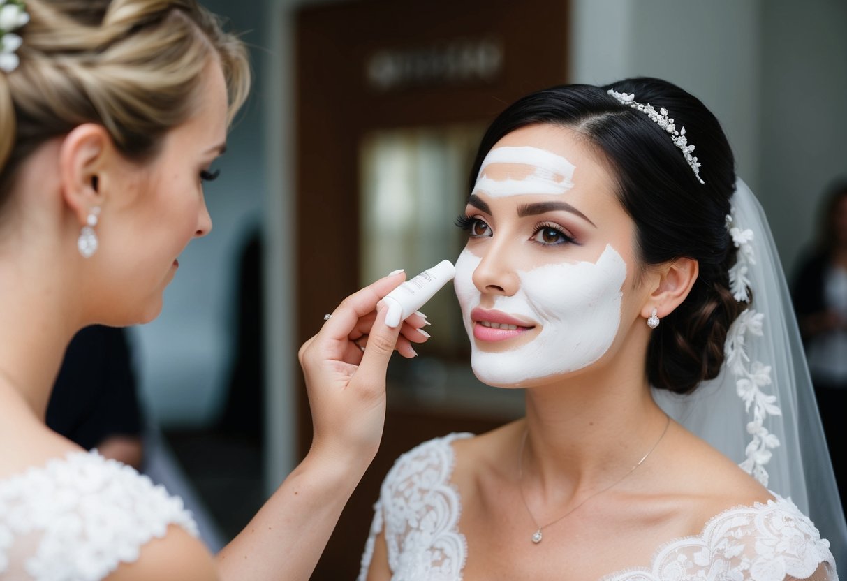 A bride applies BB cream to her face before her wedding