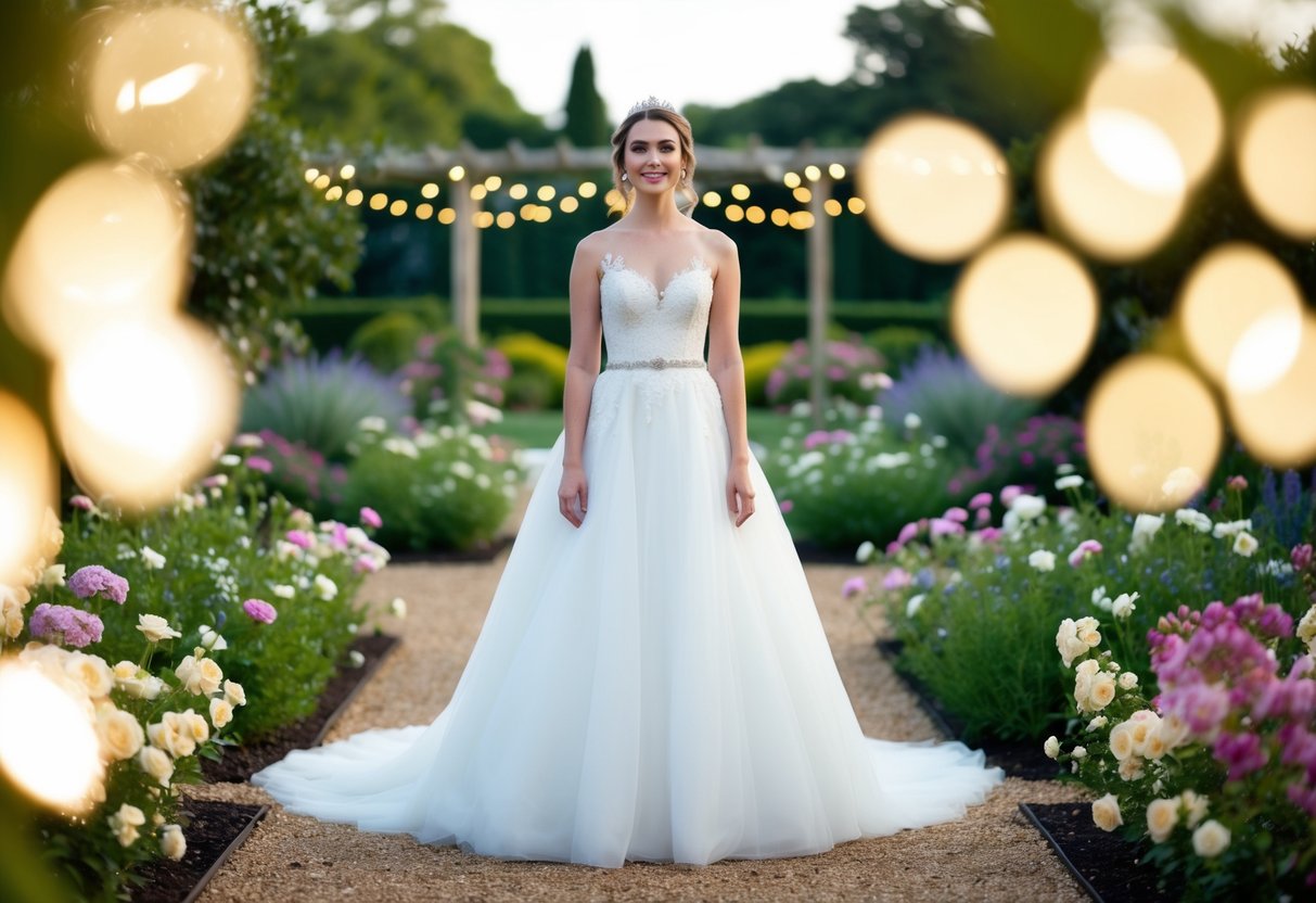A bride standing in a beautiful garden, surrounded by blooming flowers and twinkling lights, wearing a flowing white gown and a sparkling tiara in her hair
