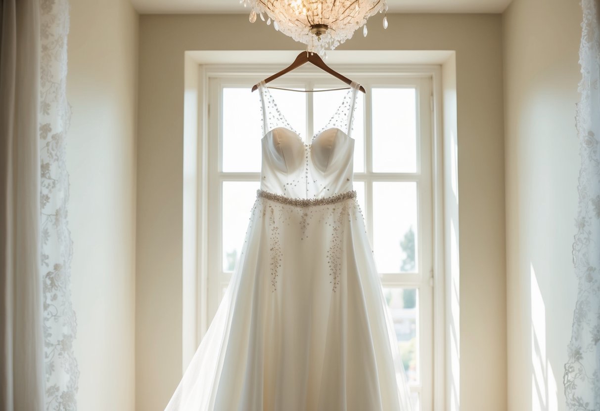 A white wedding dress hanging in a sunlit room, surrounded by delicate lace and sparkling embellishments, with a soft, ethereal glow