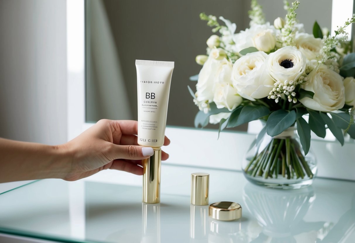 A woman's hand holding a tube of BB cream next to a delicate bridal bouquet on a clean, elegant vanity table