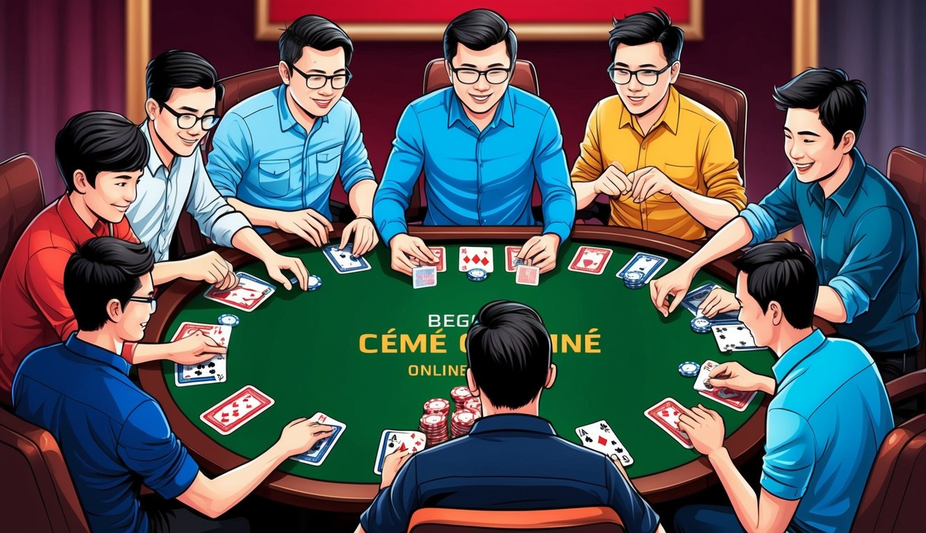 Sekelompok pemula yang bermain ceme online, berkumpul di sekitar meja dengan kartu dan chip, belajar aturan dan strategi.