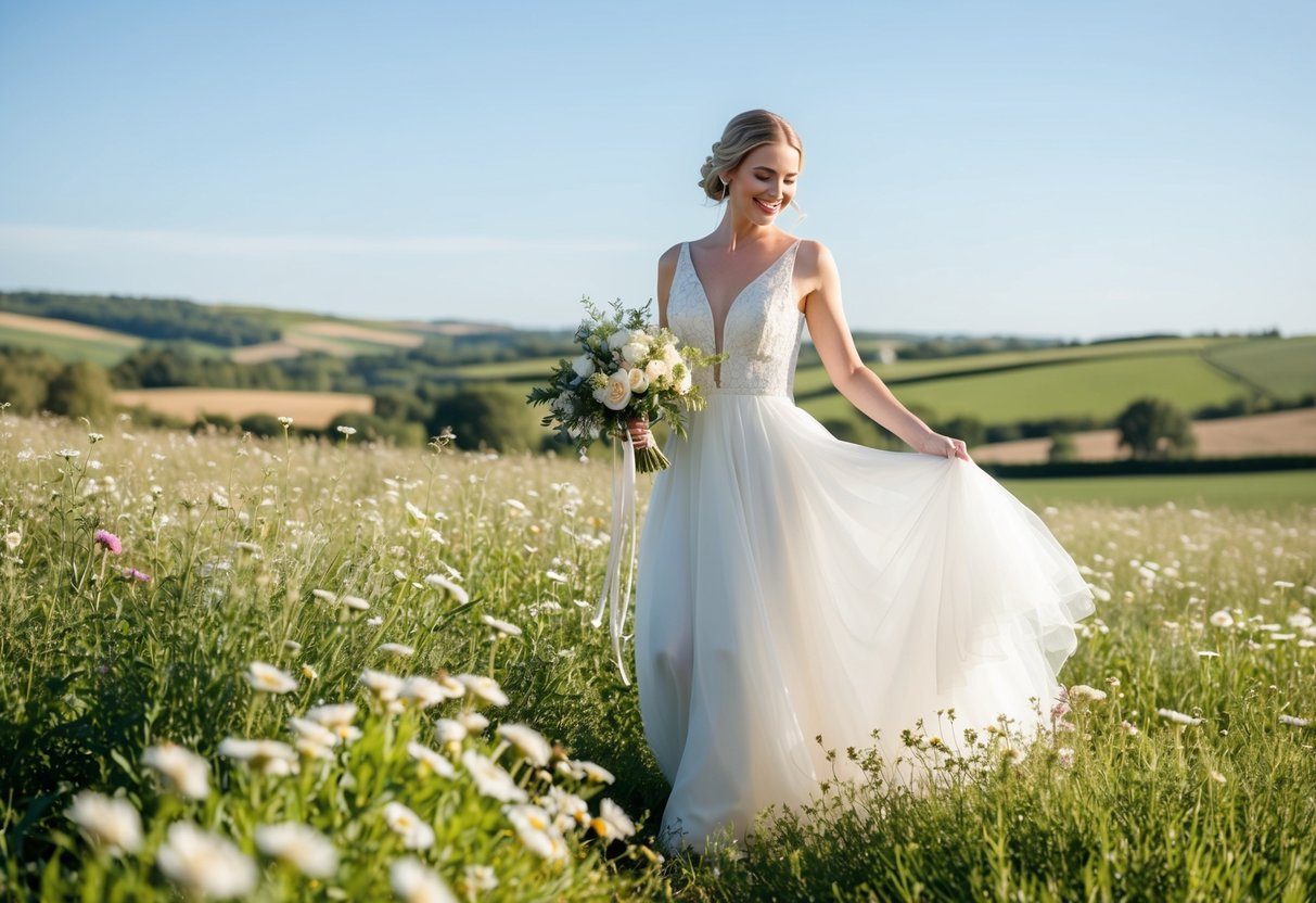 A bride stands in a field of wildflowers, her flowing white dress catching the sunlight as she holds a delicate bouquet. The backdrop is a picturesque countryside with rolling hills and a clear blue sky