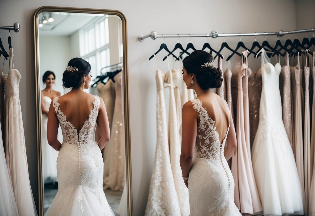 A bride admiring herself in a full-length mirror, surrounded by racks of elegant wedding dresses in a high-end bridal boutique