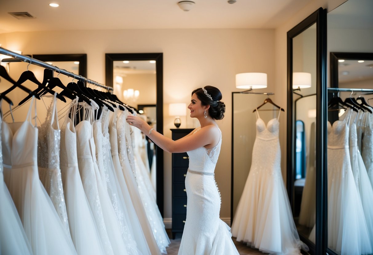 A bride browsing through racks of wedding dresses in a boutique, surrounded by mirrors and soft lighting