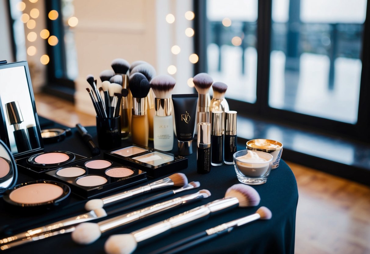 A makeup artist's table with high-end products and tools laid out for a royal wedding