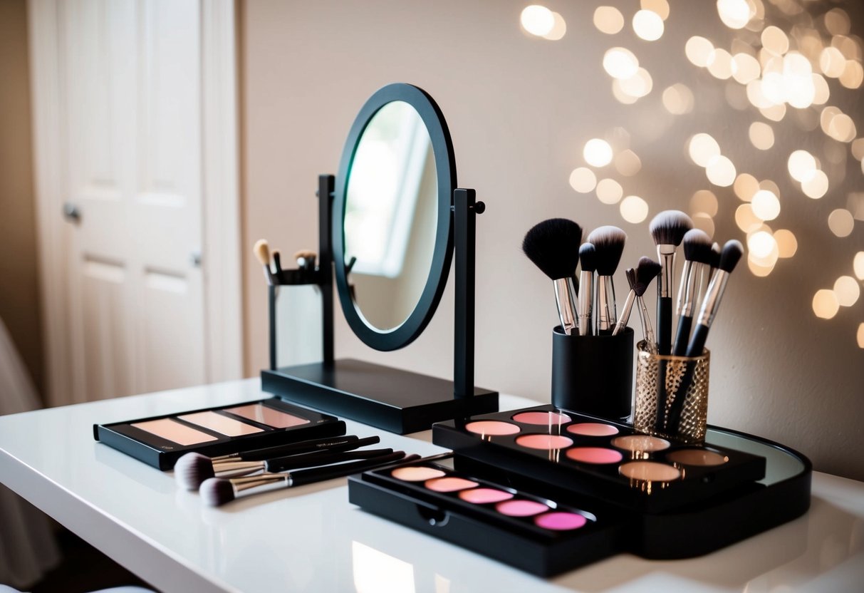 A bride's makeup station with brushes, palettes, and a mirror