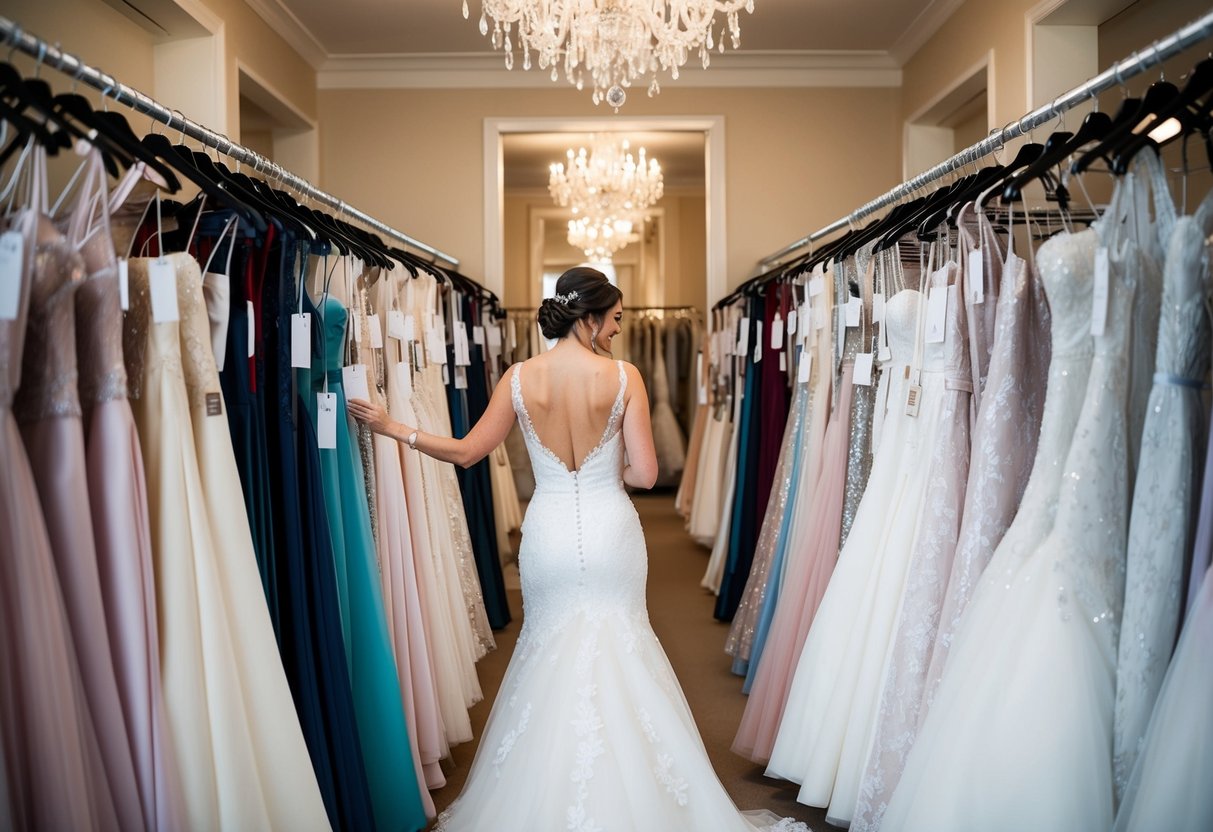 A bride browsing through racks of wedding dresses in a boutique. Mannequins display elegant gowns. Prices are visible on tags