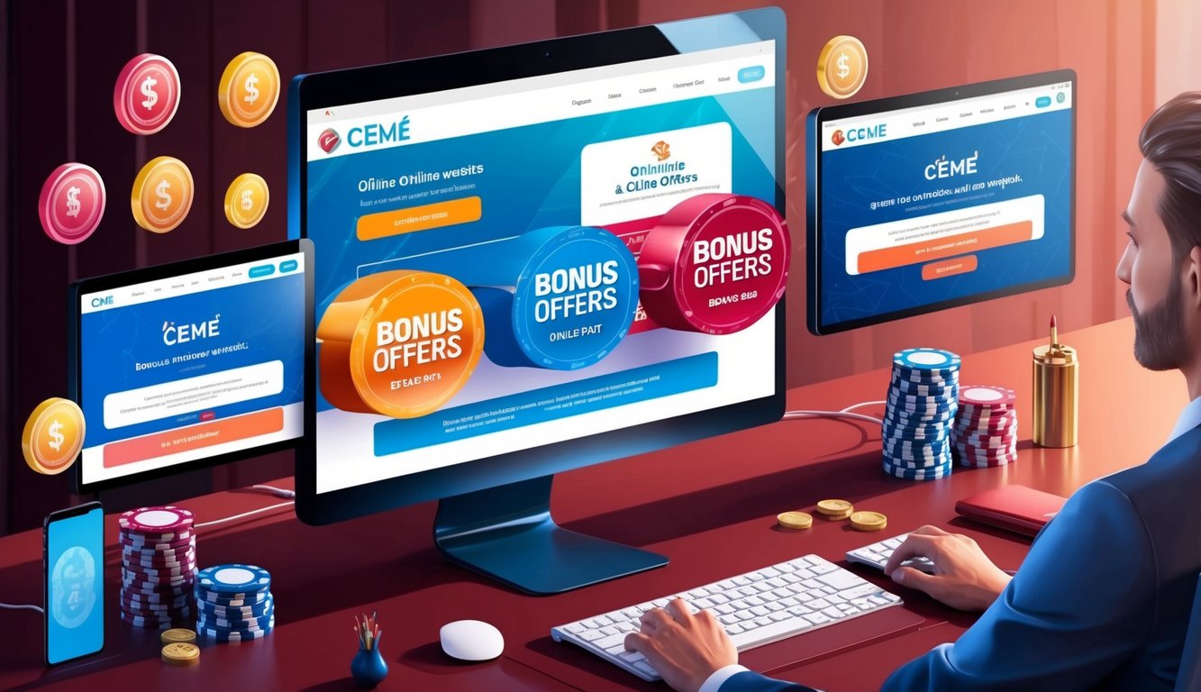 Sekelompok situs web ceme online dengan tawaran bonus menarik yang ditampilkan di layar komputer