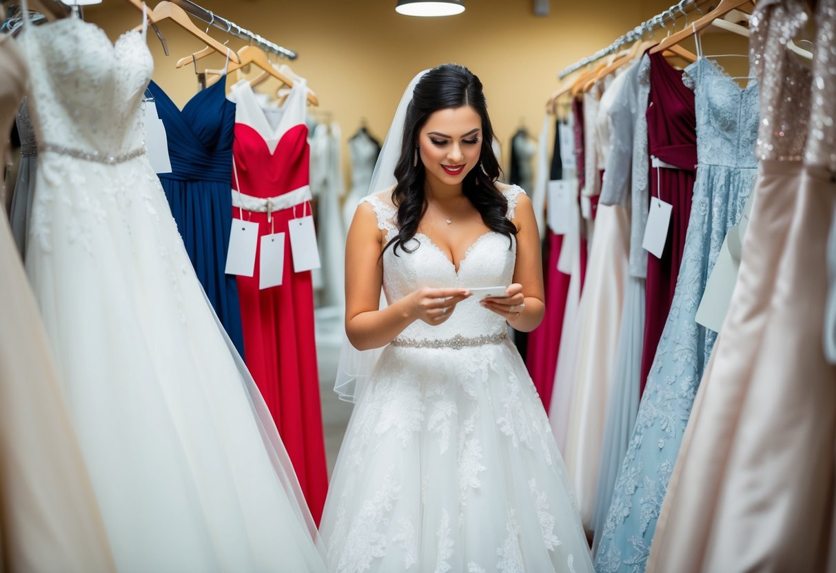 A bride-to-be surrounded by wedding dress options, looking at price tags and considering her budget