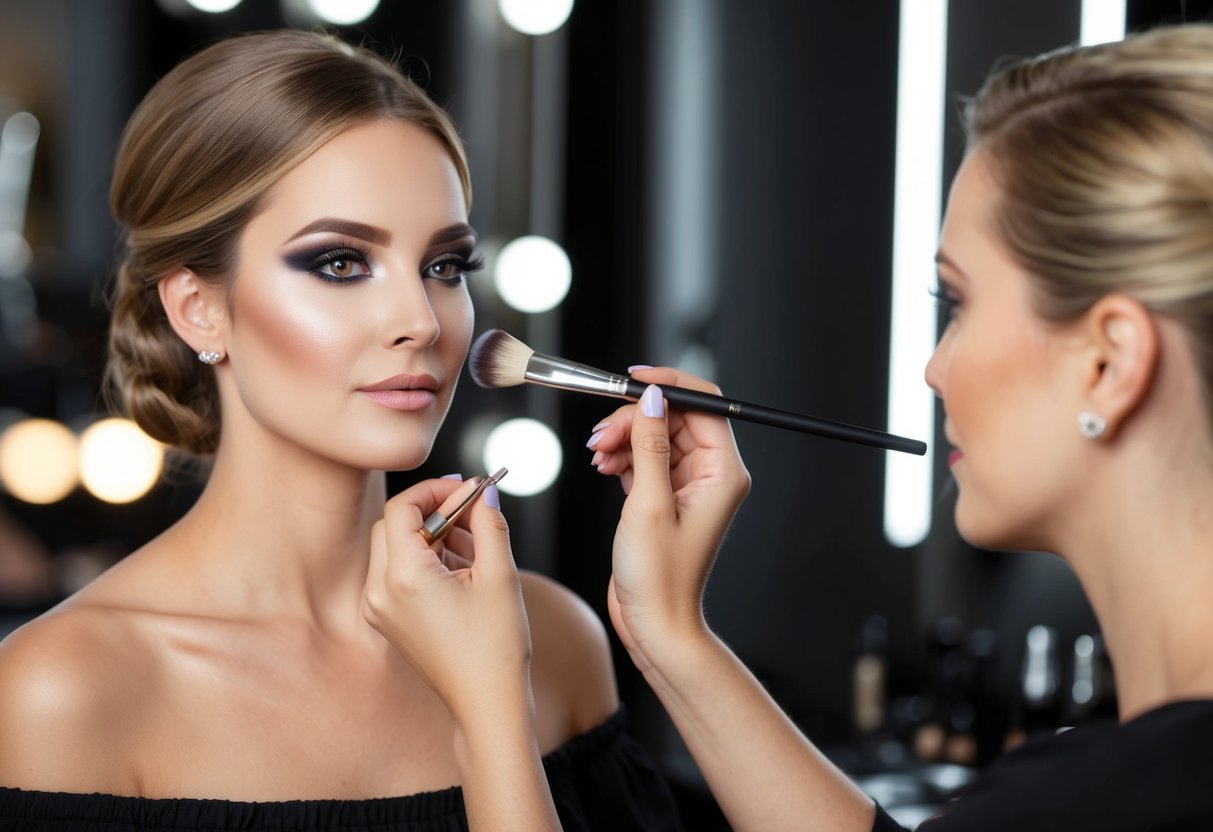 A makeup artist carefully selects and applies various shades of makeup to create a regal and elegant look fit for a duchess