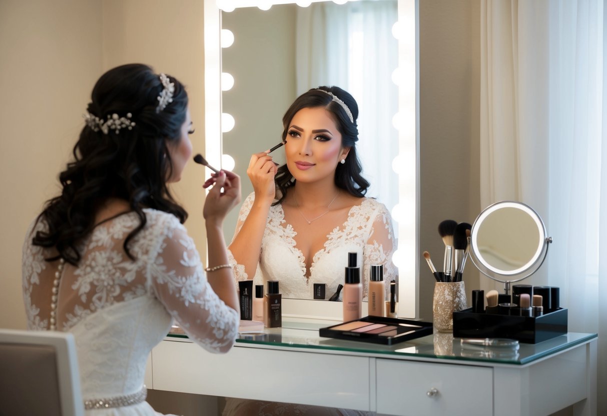 A bride sitting at a vanity table, surrounded by makeup products and tools. She is carefully applying makeup to her own face, with a mirror in front of her