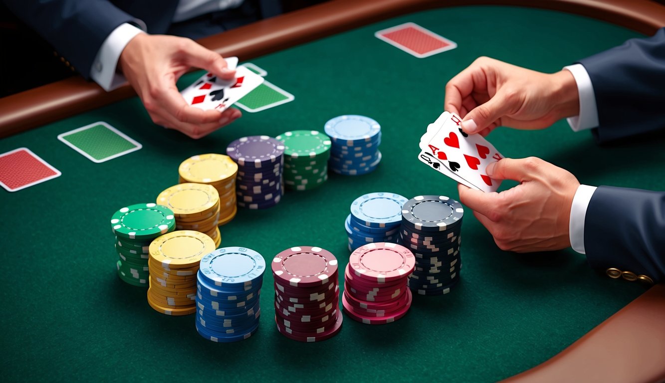 Sekelompok chip poker berwarna-warni yang ditumpuk di atas meja felt hijau, dengan kartu yang dibagikan oleh tangan dealer.