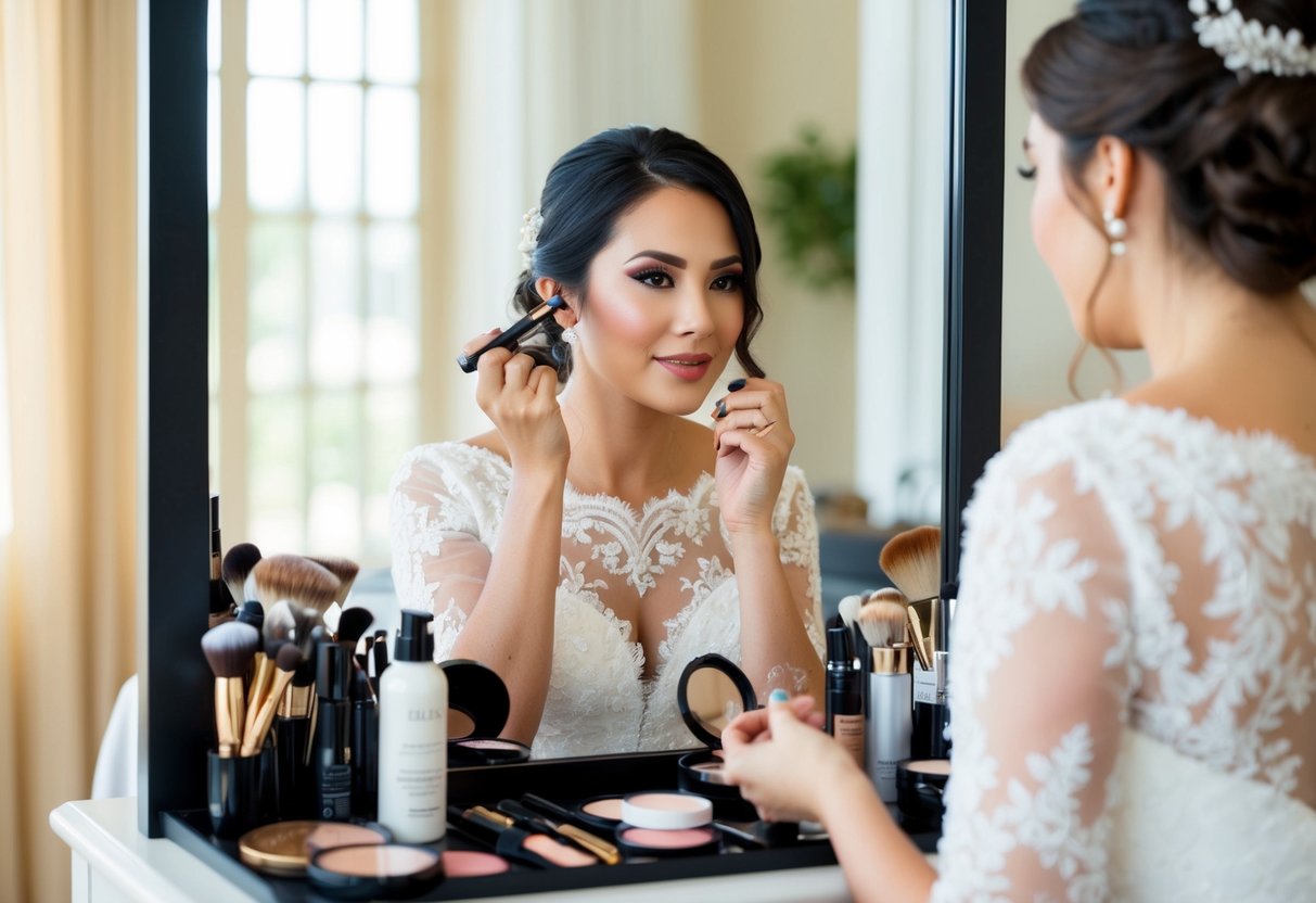A bride surrounded by makeup products and tools, carefully applying makeup in front of a mirror with natural light streaming in