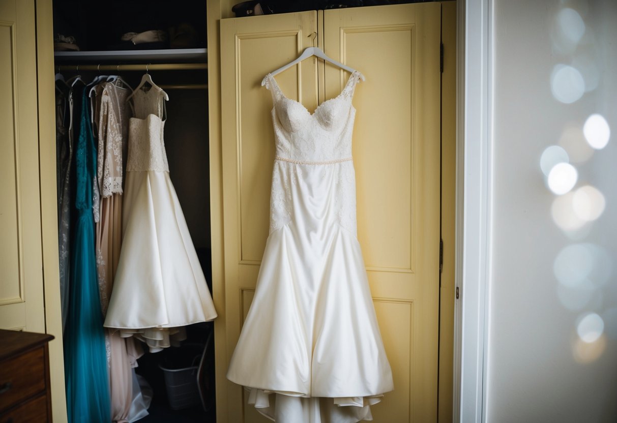 A wedding dress ages, its once pristine white fabric now tinged with a faint yellow hue, hanging in a forgotten closet
