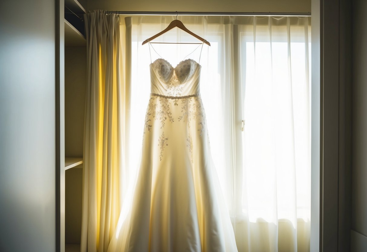 A wedding dress hanging in a dimly lit closet, with faint sunlight filtering through the fabric, showing signs of yellowing over time
