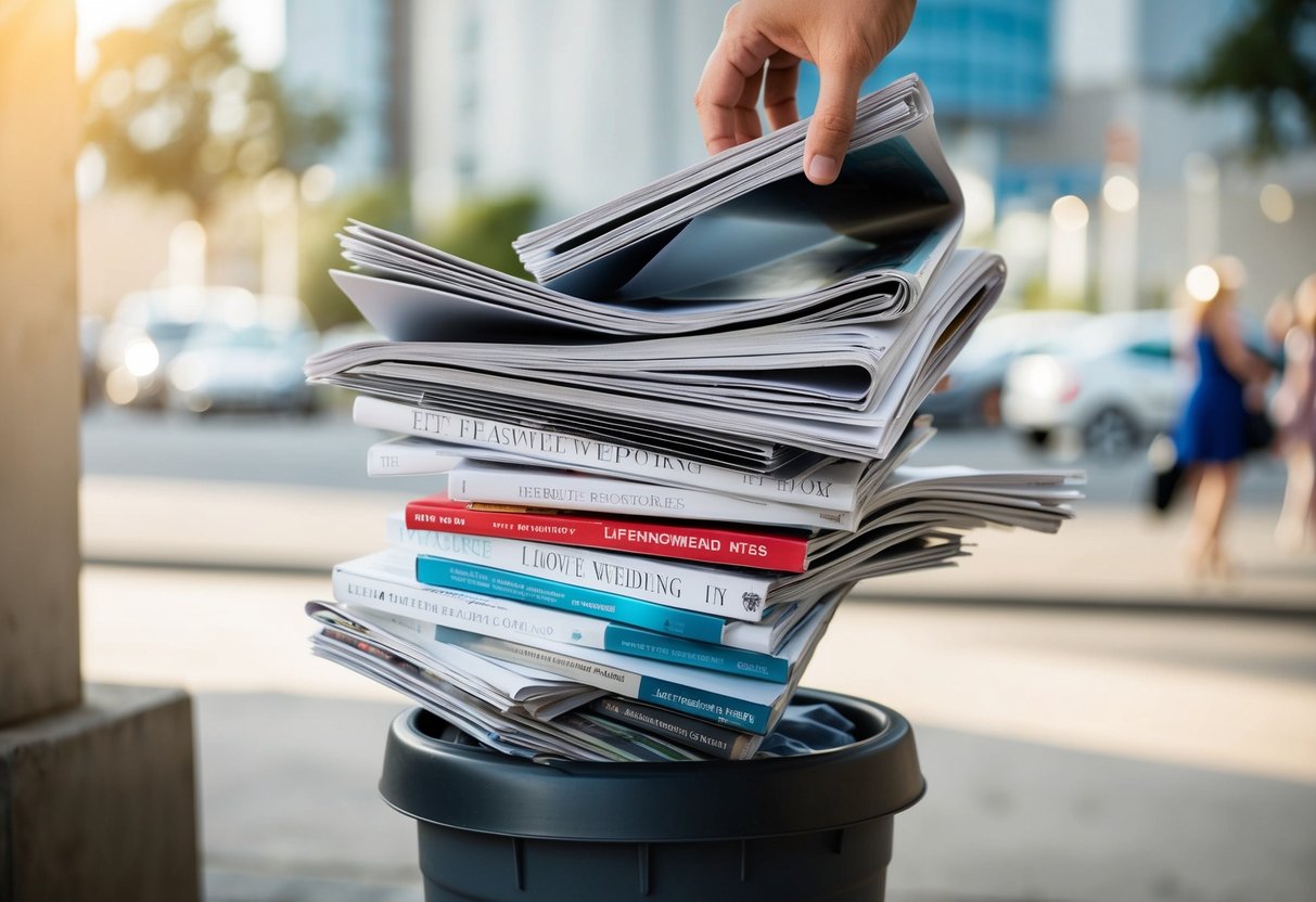A pile of expensive wedding magazines and brochures being tossed into a trash can
