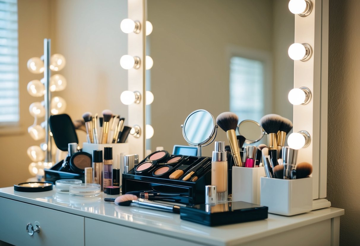 A bride's makeup station with various cosmetic products and tools neatly arranged on a vanity table, surrounded by soft lighting and a mirror
