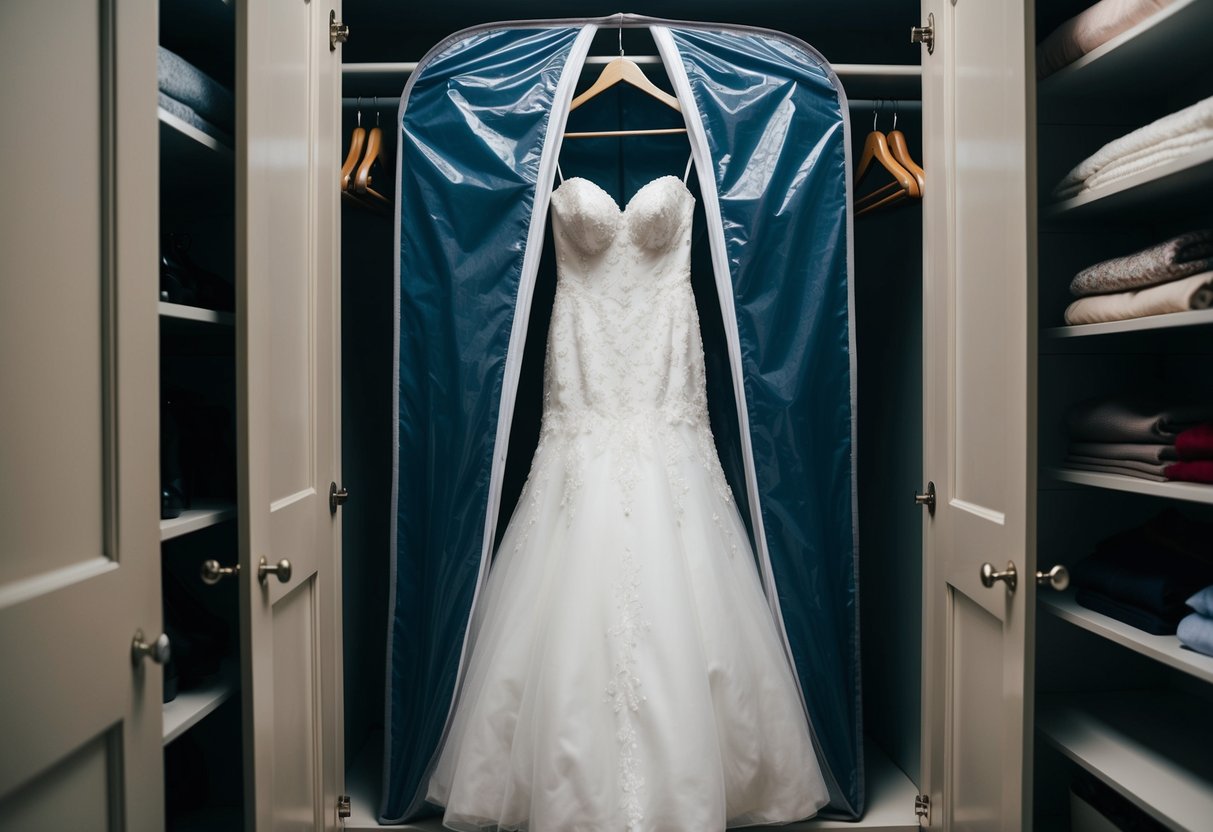 A wedding gown hanging in a protective garment bag in a cool, dark closet
