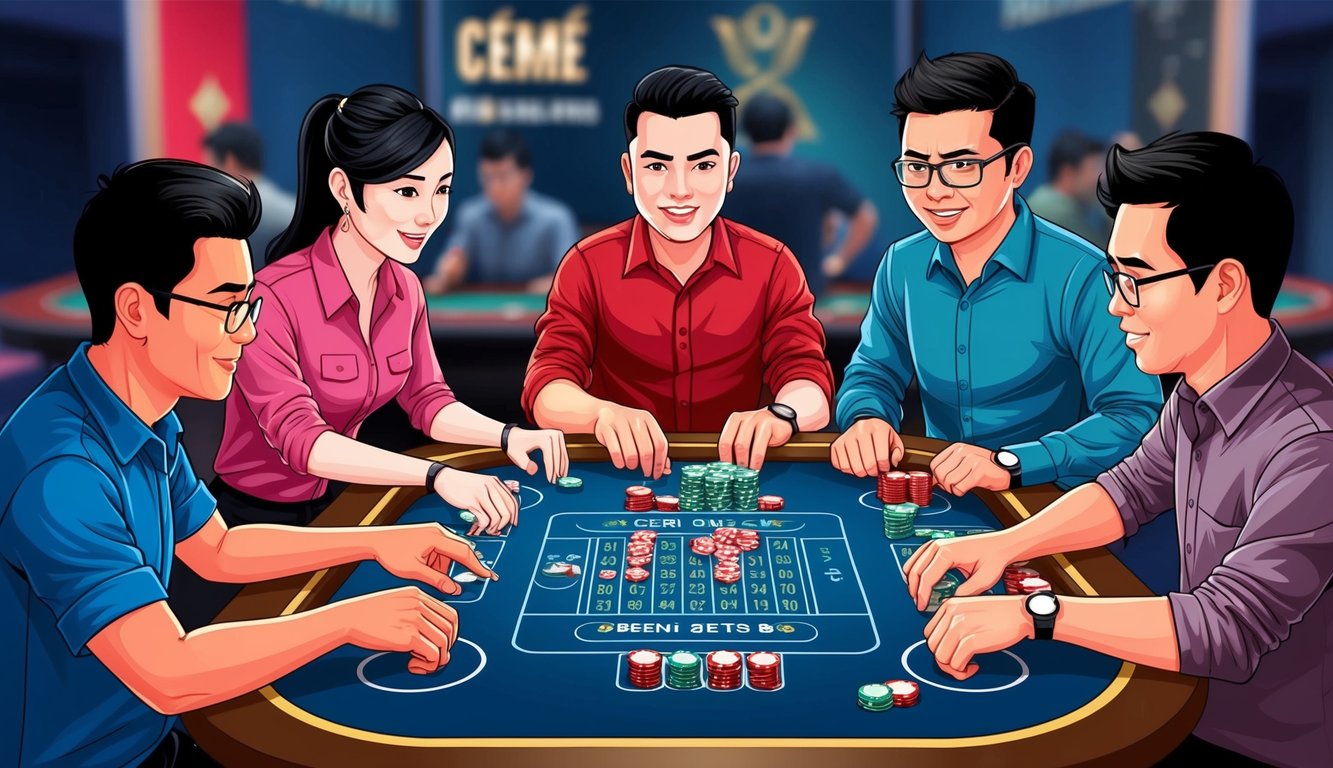 Sekelompok pemula bermain ceme online, merencanakan strategi dan memasang taruhan mereka di meja virtual